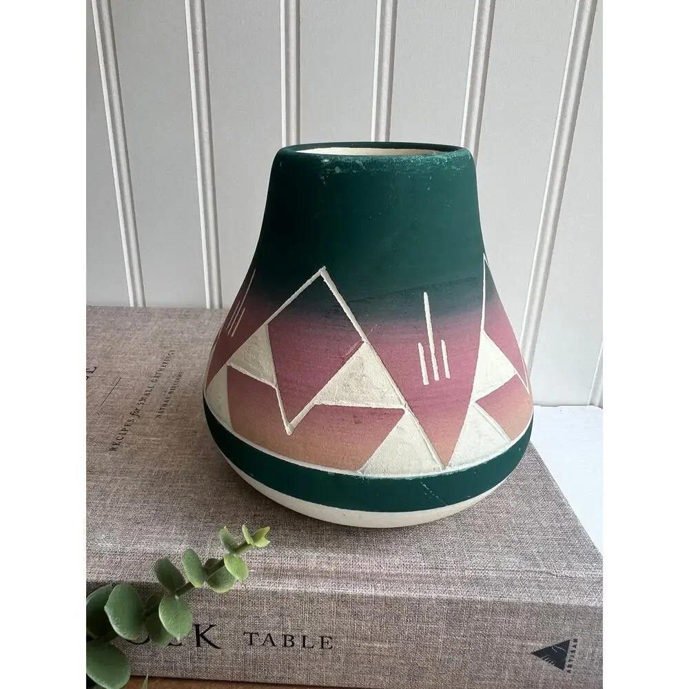 Vintage Sioux Native American Pottery Vase Signed Blue Green Pink Flare Bottom